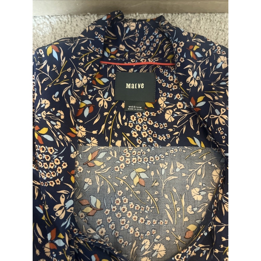Maeve Shirt Womens M Blue Floral Button Up Tie Neck Long‎ Sleeve High Low Blouse - Picture 2 of 6